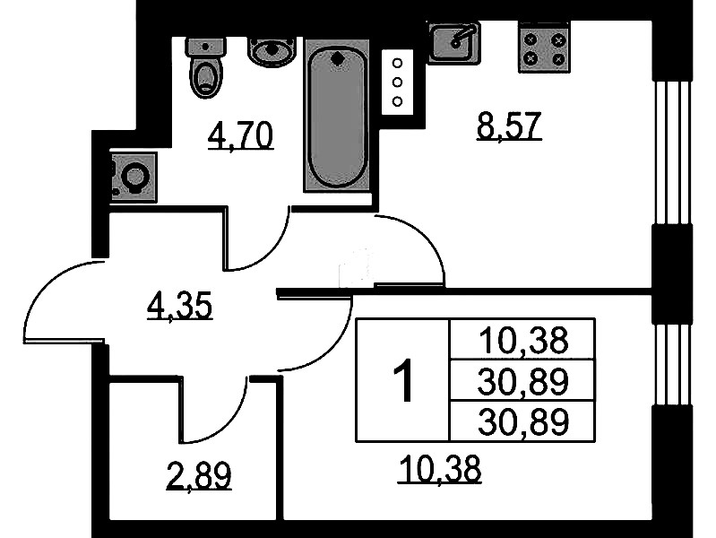 1-комнатная квартира 30.89 м², 3/9 эт., ЖК «Квартал Лаголово»